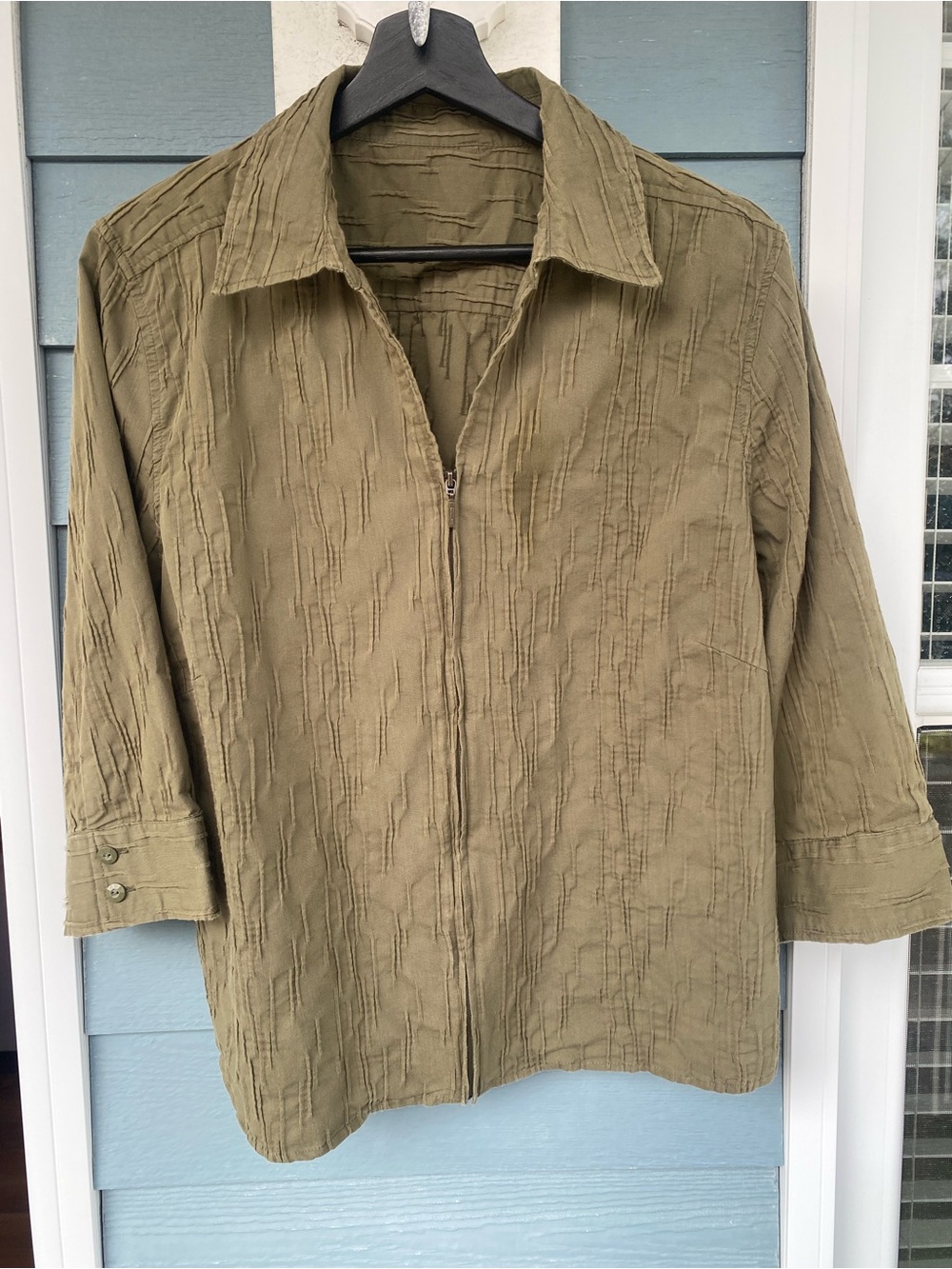 Olive Textured Zip-Front Women’s Blouse